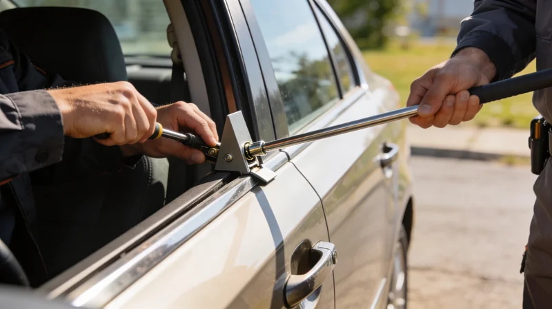 Verzweifelte Person schaut durch Autofenster auf einen Schlüssel auf dem Fahrersitz.